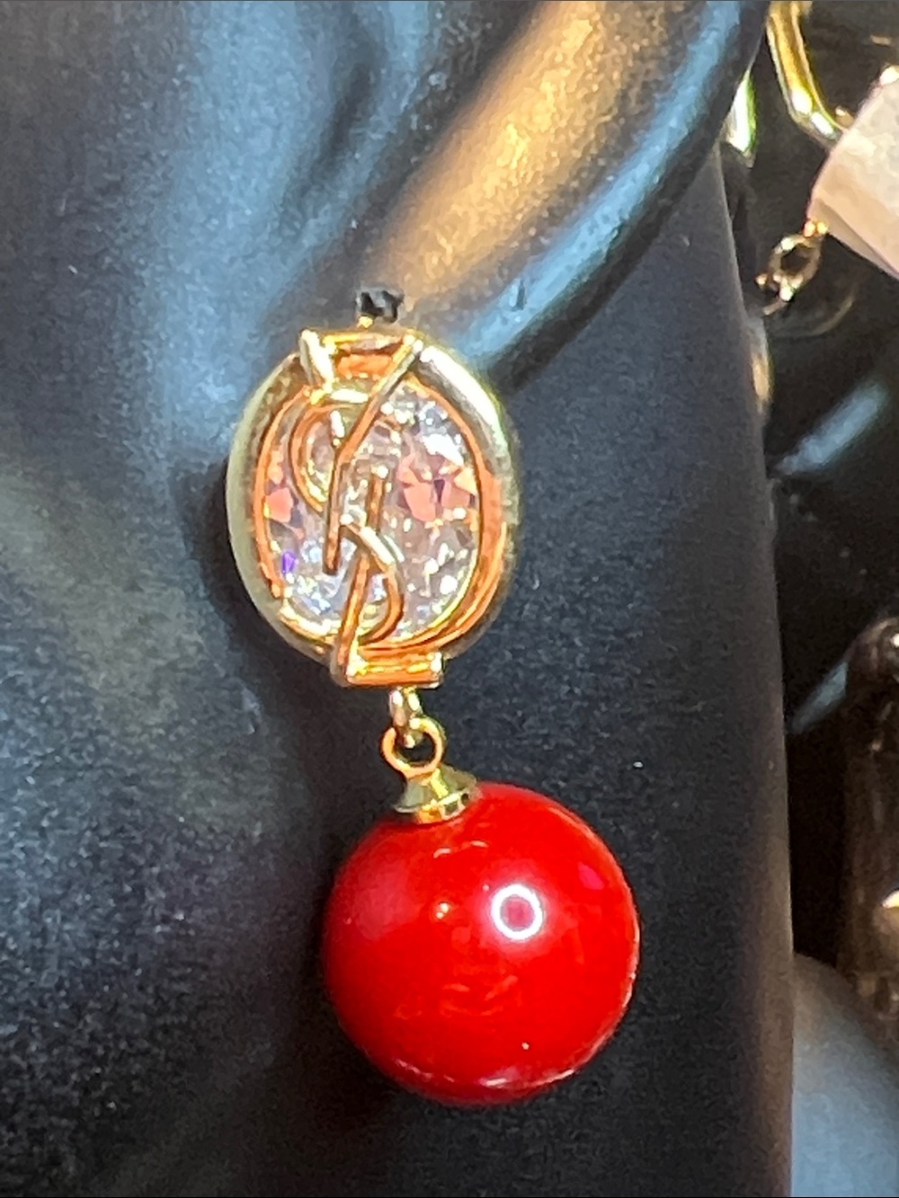 Gold-Tone Earrings with Red Drop and Crystal Accents
